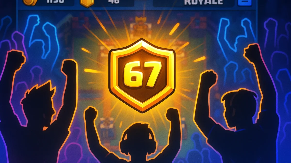 Glowing ‘67’ emote icon in Clash Royale mobile game UI surrounded by excited gamers.