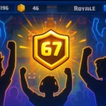 Glowing ‘67’ emote icon in Clash Royale mobile game UI surrounded by excited gamers.