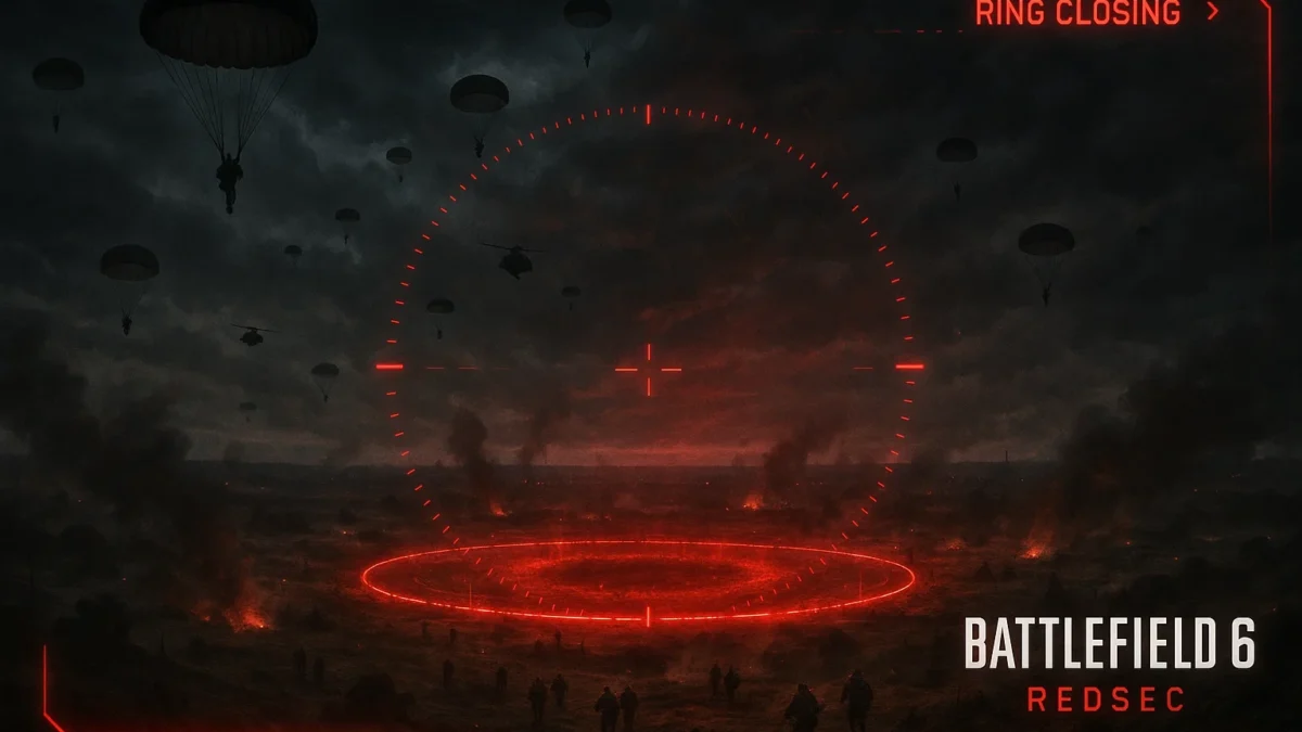 Squads descending into the RedSec arena of Battlefield 6, illuminated by a crimson battle-zone.