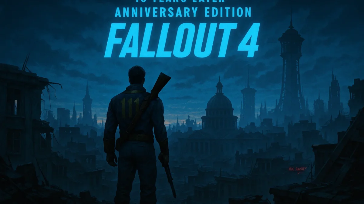 Fallout 4 Anniversary Edition promotional art showing the Sole Survivor overlooking a post-apocalyptic city.