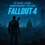 Fallout 4 Anniversary Edition promotional art showing the Sole Survivor overlooking a post-apocalyptic city.