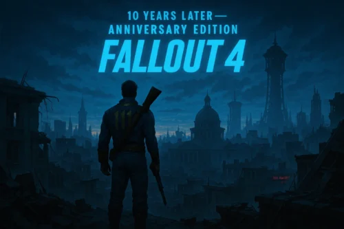 Fallout 4 Anniversary Edition promotional art showing the Sole Survivor overlooking a post-apocalyptic city.
