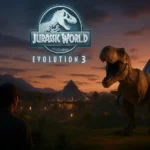 Jurassic World Evolution 3 dinosaur park at dusk with roaring T-Rex and game logo.