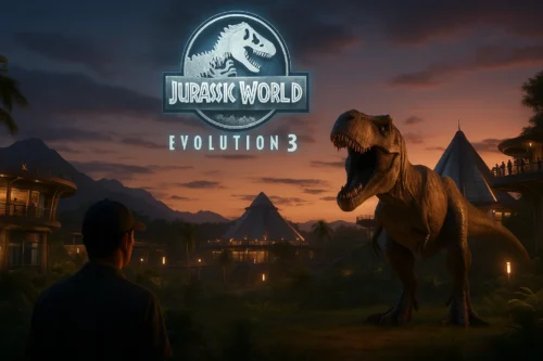 Jurassic World Evolution 3 dinosaur park at dusk with roaring T-Rex and game logo.