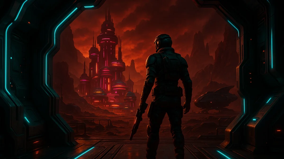 The Outer Worlds 2 protagonist stands on alien world, weapon drawn, high-fidelity sci-fi environment.