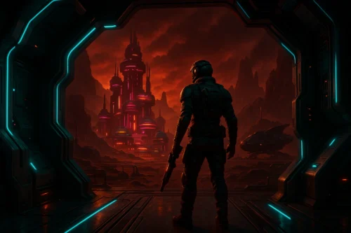 The Outer Worlds 2 protagonist stands on alien world, weapon drawn, high-fidelity sci-fi environment.