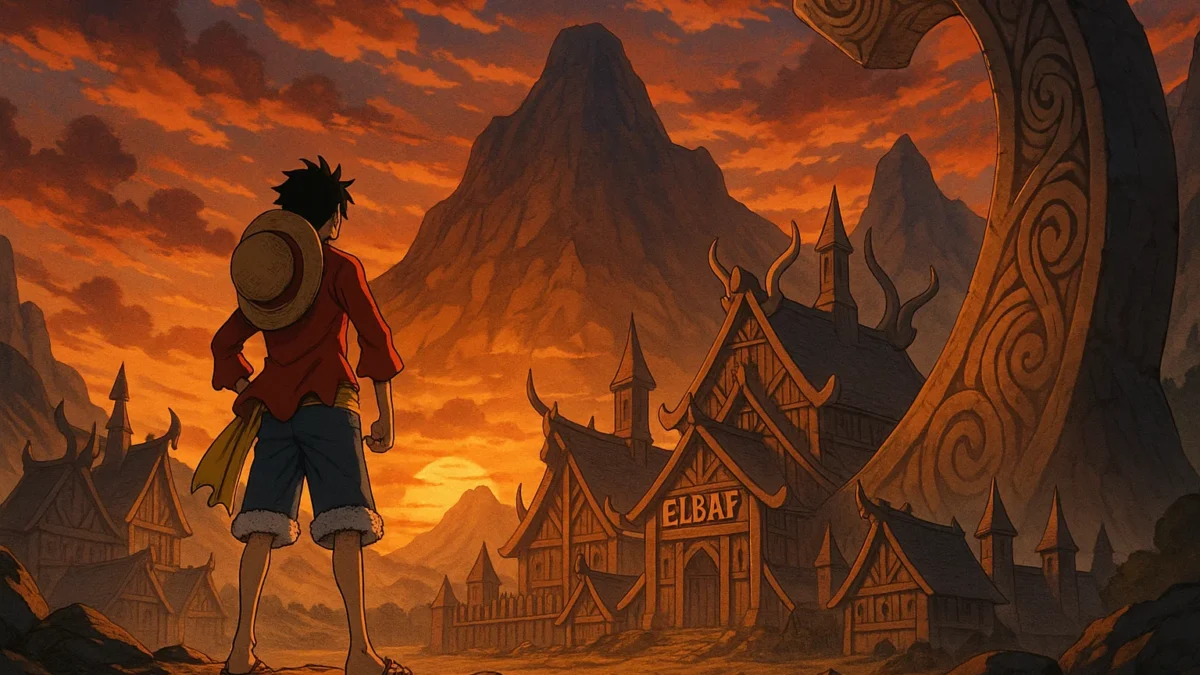 Luffy gazing toward the giant land of Elbaph in cinematic anime lighting.