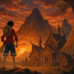Luffy gazing toward the giant land of Elbaph in cinematic anime lighting.