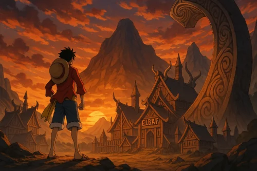 Luffy gazing toward the giant land of Elbaph in cinematic anime lighting.