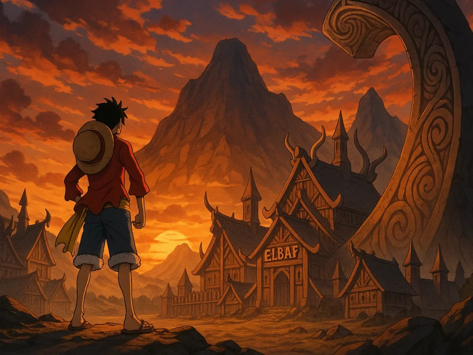 Luffy gazing toward the giant land of Elbaph in cinematic anime lighting.