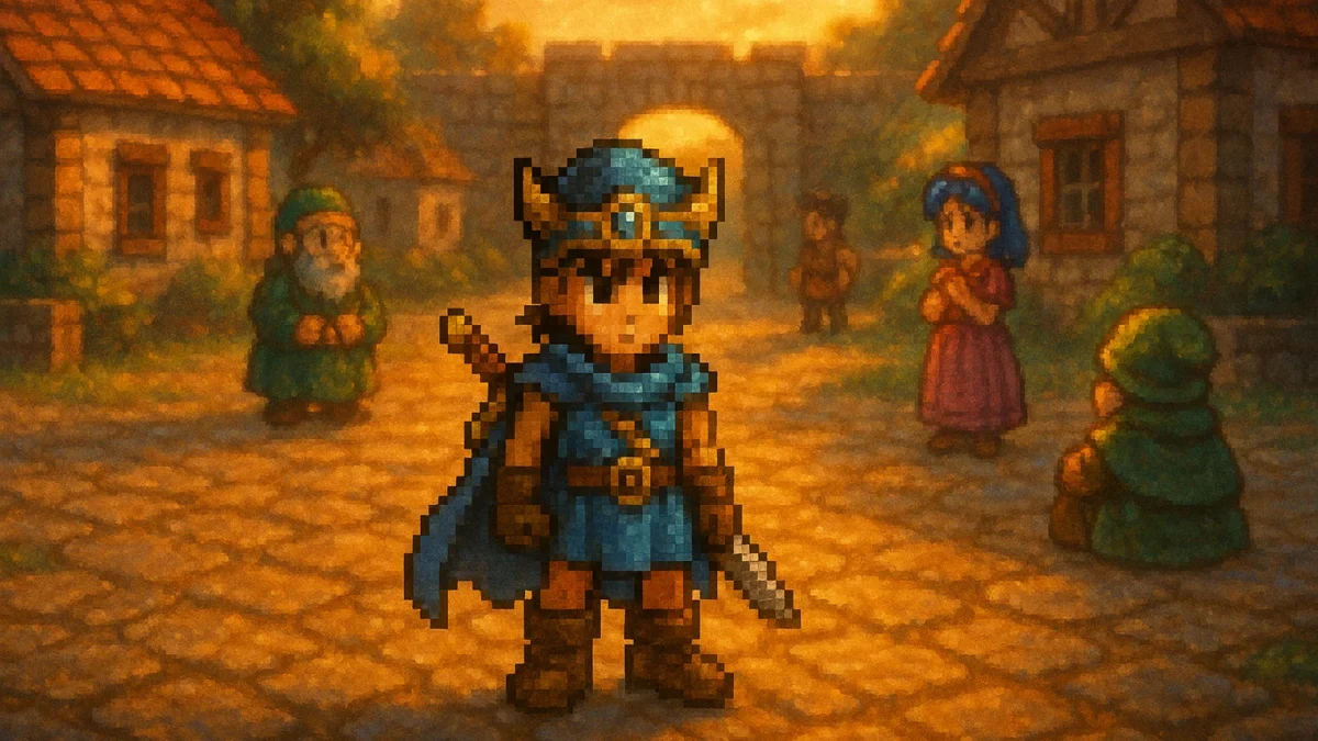 “HD-2D Dragon Quest remake artwork: pixel-style hero in a painterly village at sunset.”
