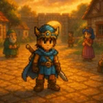 “HD-2D Dragon Quest remake artwork: pixel-style hero in a painterly village at sunset.”