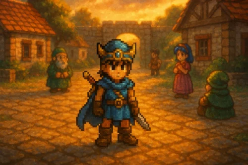 “HD-2D Dragon Quest remake artwork: pixel-style hero in a painterly village at sunset.”