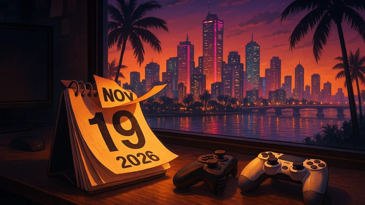 “City skyline and calendar pages showing November 19 2026 indicating the new release date of GTA VI.”