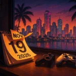 “City skyline and calendar pages showing November 19 2026 indicating the new release date of GTA VI.”