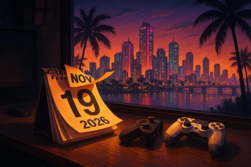 “City skyline and calendar pages showing November 19 2026 indicating the new release date of GTA VI.”