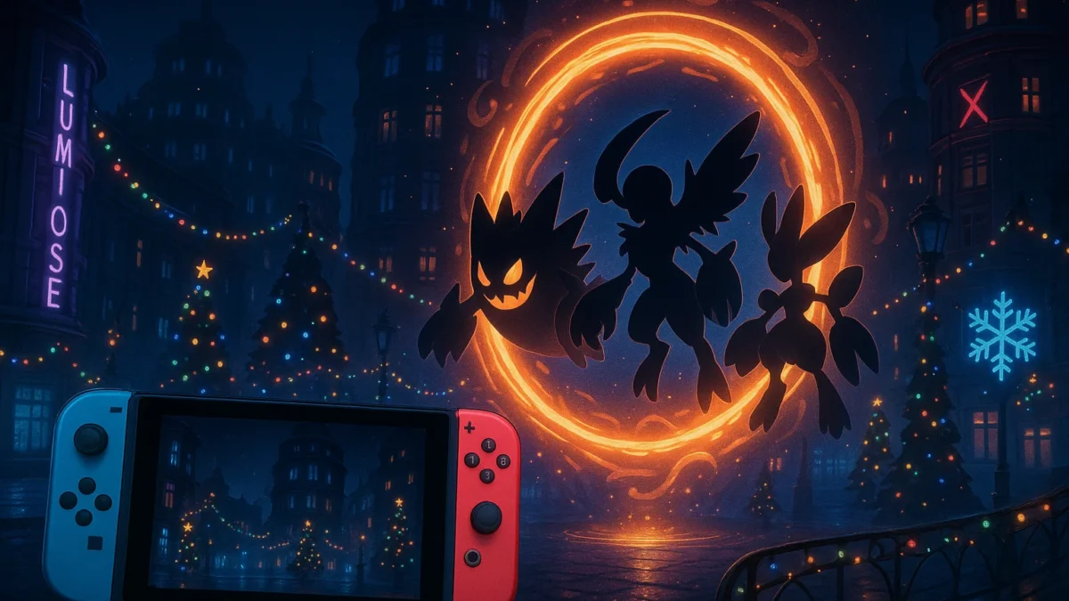 “Promotional artwork showing Lumiose City with a glowing inter-dimensional portal and Mega-Evolved Pokémon silhouettes for Pokémon Legends: Z-A DLC.”