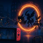 “Promotional artwork showing Lumiose City with a glowing inter-dimensional portal and Mega-Evolved Pokémon silhouettes for Pokémon Legends: Z-A DLC.”