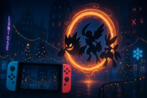“Promotional artwork showing Lumiose City with a glowing inter-dimensional portal and Mega-Evolved Pokémon silhouettes for Pokémon Legends: Z-A DLC.”