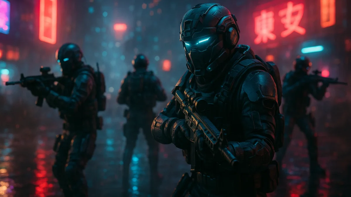 Futuristic soldiers in neon-lit combat zone from Call of Duty: Black Ops 7 trailer showcasing next-gen design.