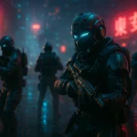 Futuristic soldiers in neon-lit combat zone from Call of Duty: Black Ops 7 trailer showcasing next-gen design.