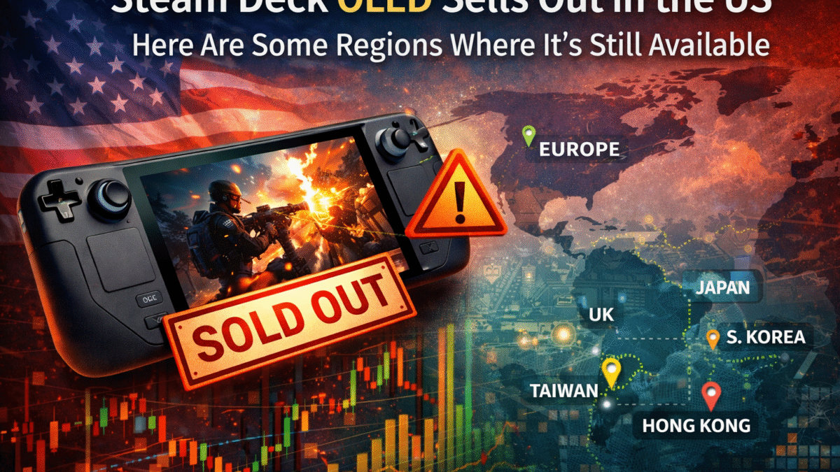 “Steam Deck OLED handheld gaming PC sold out in US, showing stock shortage with charts and gaming visuals”