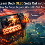 “Steam Deck OLED handheld gaming PC sold out in US, showing stock shortage with charts and gaming visuals”
