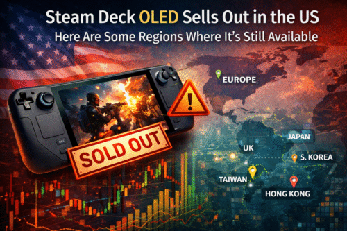 “Steam Deck OLED handheld gaming PC sold out in US, showing stock shortage with charts and gaming visuals”