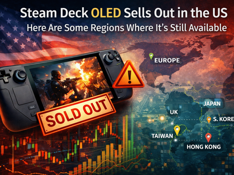 “Steam Deck OLED handheld gaming PC sold out in US, showing stock shortage with charts and gaming visuals”