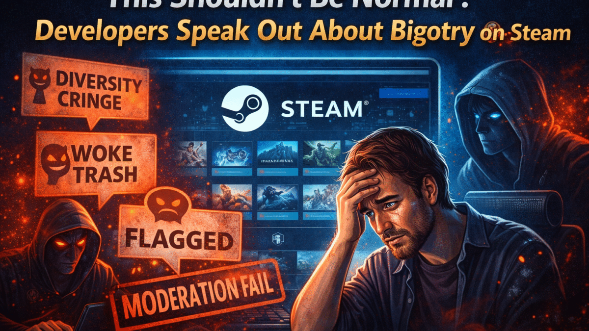 Illustration showing a PC gaming storefront with Steam logo, angry user comments, and a frustrated indie game developer, symbolizing harassment, bigotry, and moderation challenges in the PC gaming community.