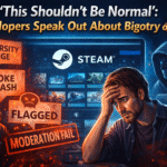 Illustration showing a PC gaming storefront with Steam logo, angry user comments, and a frustrated indie game developer, symbolizing harassment, bigotry, and moderation challenges in the PC gaming community.