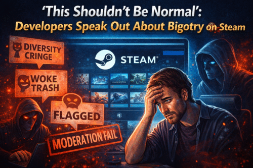 Illustration showing a PC gaming storefront with Steam logo, angry user comments, and a frustrated indie game developer, symbolizing harassment, bigotry, and moderation challenges in the PC gaming community.