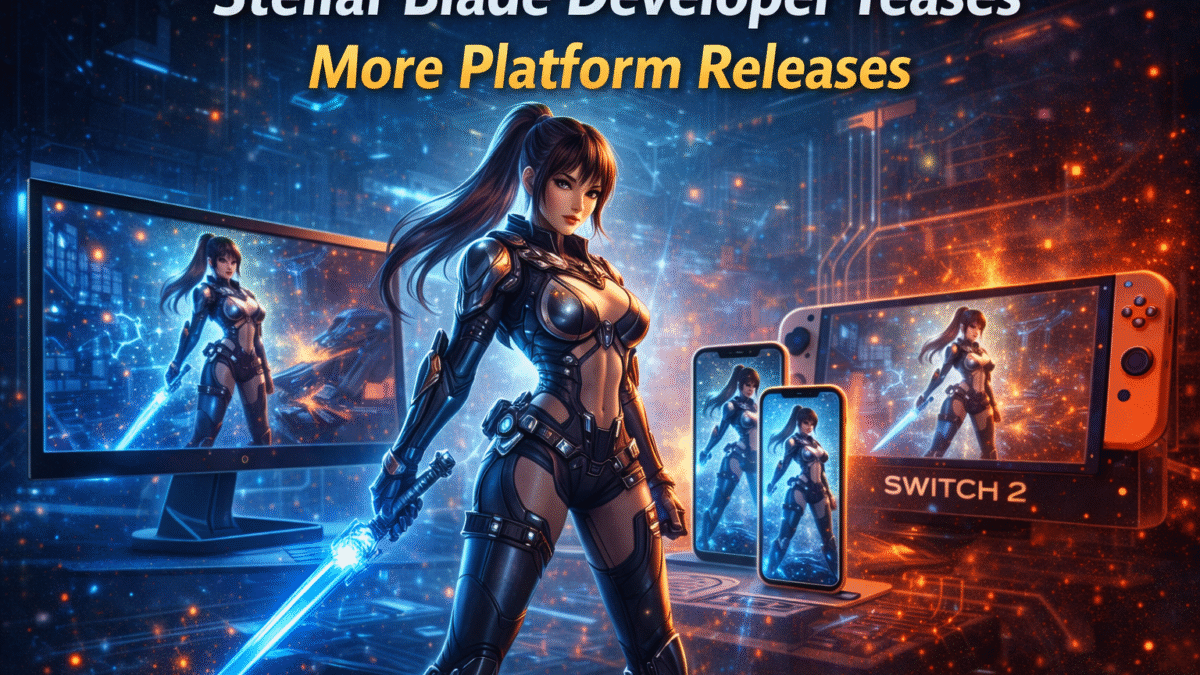 Digital illustration of Stellar Blade’s protagonist in futuristic armor holding a glowing energy sword, surrounded by multiple platforms including a PC monitor, iPhone, iPad, and Nintendo Switch 2, representing teased platform releases and cross-platform gaming expansion.