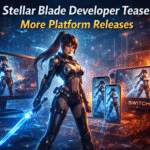 Digital illustration of Stellar Blade’s protagonist in futuristic armor holding a glowing energy sword, surrounded by multiple platforms including a PC monitor, iPhone, iPad, and Nintendo Switch 2, representing teased platform releases and cross-platform gaming expansion.