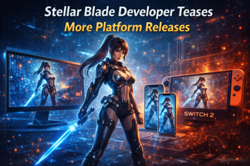 Digital illustration of Stellar Blade’s protagonist in futuristic armor holding a glowing energy sword, surrounded by multiple platforms including a PC monitor, iPhone, iPad, and Nintendo Switch 2, representing teased platform releases and cross-platform gaming expansion.