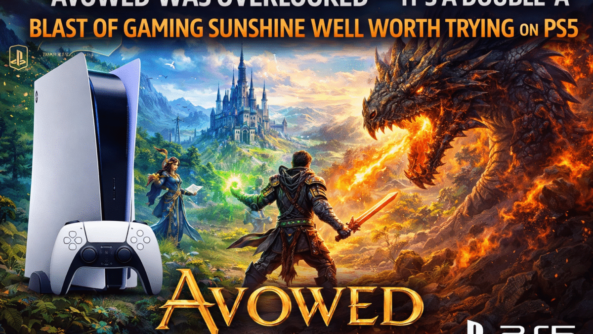 Avowed PS5 gameplay illustration showing a warrior facing a fire-breathing dragon in a sunlit fantasy world, highlighting the double-A RPG adventure.
