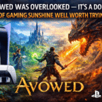 Avowed PS5 gameplay illustration showing a warrior facing a fire-breathing dragon in a sunlit fantasy world, highlighting the double-A RPG adventure.
