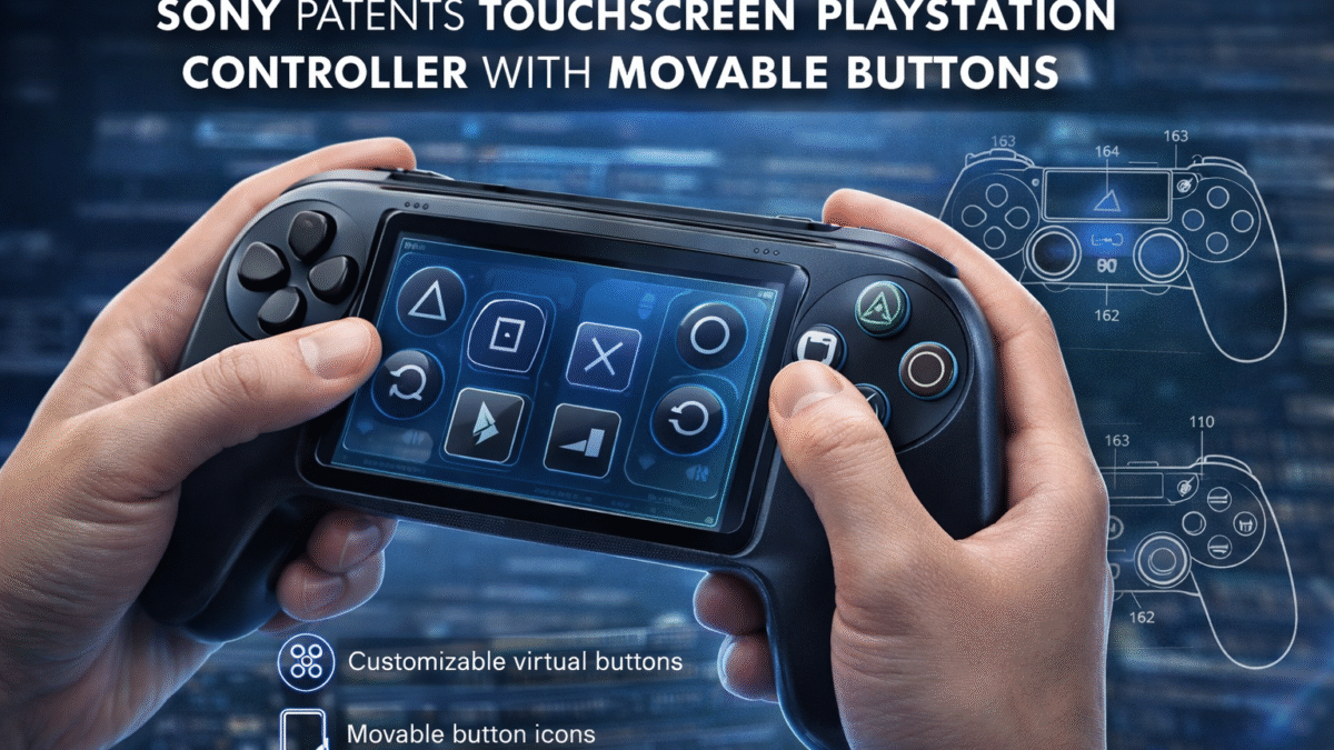 Futuristic PlayStation controller with touchscreen and movable virtual buttons, showing customizable layouts and adaptive controls in a sleek, tech-inspired design