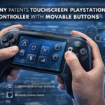 Futuristic PlayStation controller with touchscreen and movable virtual buttons, showing customizable layouts and adaptive controls in a sleek, tech-inspired design