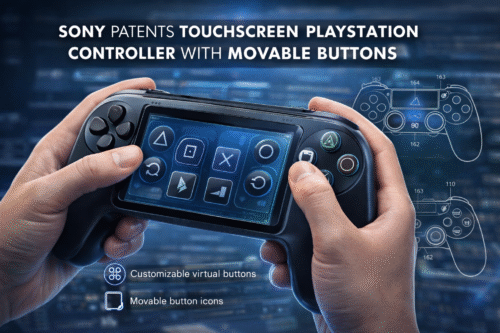 Futuristic PlayStation controller with touchscreen and movable virtual buttons, showing customizable layouts and adaptive controls in a sleek, tech-inspired design