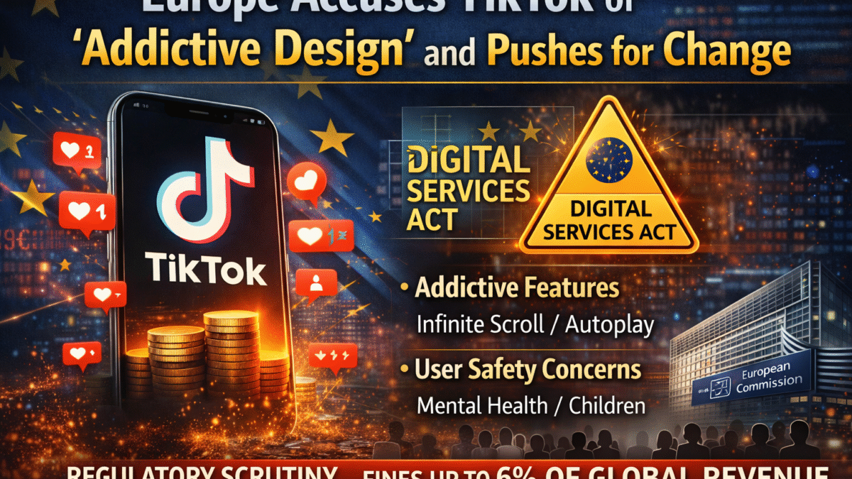 Illustration showing TikTok app with addictive design features, EU Digital Services Act warning, and European Commission enforcement, highlighting regulatory scrutiny and user wellbeing concerns.
