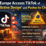 Illustration showing TikTok app with addictive design features, EU Digital Services Act warning, and European Commission enforcement, highlighting regulatory scrutiny and user wellbeing concerns.