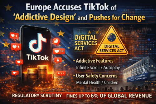 Illustration showing TikTok app with addictive design features, EU Digital Services Act warning, and European Commission enforcement, highlighting regulatory scrutiny and user wellbeing concerns.