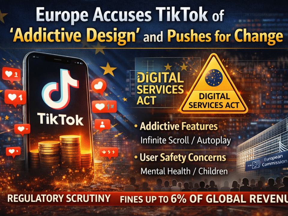 Illustration showing TikTok app with addictive design features, EU Digital Services Act warning, and European Commission enforcement, highlighting regulatory scrutiny and user wellbeing concerns.