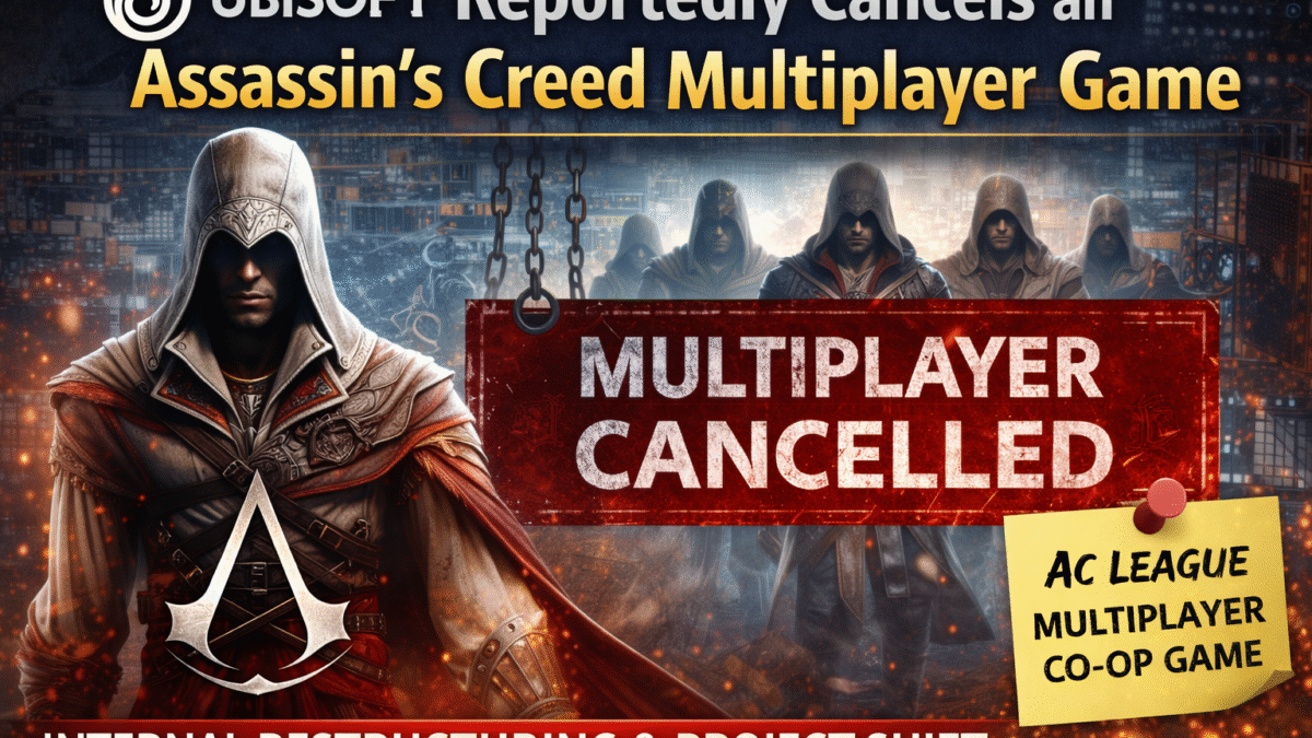 Digital news graphic showing Ubisoft's Assassin’s Creed multiplayer game canceled, featuring the AC League co-op concept, an assassin character in the foreground, shadowed multiplayer figures, and a red “MULTIPLAYER CANCELLED” banner highlighting internal restructuring and project shift.