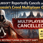 Digital news graphic showing Ubisoft's Assassin’s Creed multiplayer game canceled, featuring the AC League co-op concept, an assassin character in the foreground, shadowed multiplayer figures, and a red “MULTIPLAYER CANCELLED” banner highlighting internal restructuring and project shift.