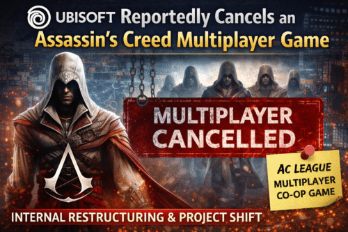 Digital news graphic showing Ubisoft's Assassin’s Creed multiplayer game canceled, featuring the AC League co-op concept, an assassin character in the foreground, shadowed multiplayer figures, and a red “MULTIPLAYER CANCELLED” banner highlighting internal restructuring and project shift.