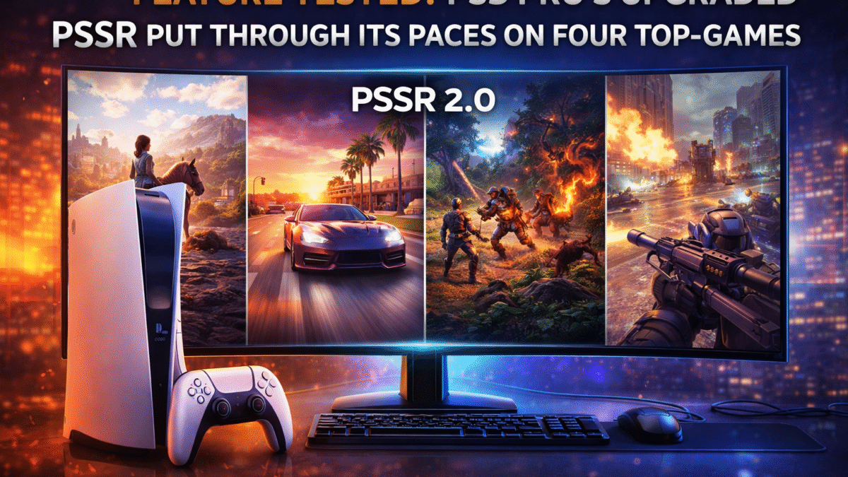 Digital illustration showing PS5 Pro console with split-screen of four AAA games demonstrating improved graphics and frame rate performance with PSSR 2.0