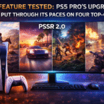 Digital illustration showing PS5 Pro console with split-screen of four AAA games demonstrating improved graphics and frame rate performance with PSSR 2.0