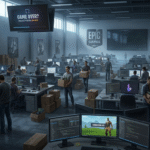 “Epic Games office scene showing Fortnite visuals and employees leaving after layoffs, 2026 corporate news”